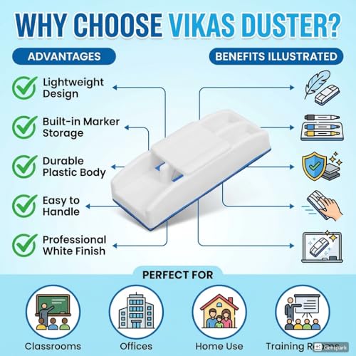 Image of Vikas White & Black Board Duster Pack of 10 | Red, Black, Blue, White Color Options | Strong Plastic Eraser for Classroom, Office & Home Use | Easy Grip & Smooth Cleaning (10)