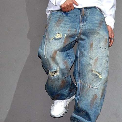 Men’S Casual Streetwear Ripped Baggy Cargo Denim Full Length Pants Button Fly Midweight Distressed Hole Detail3