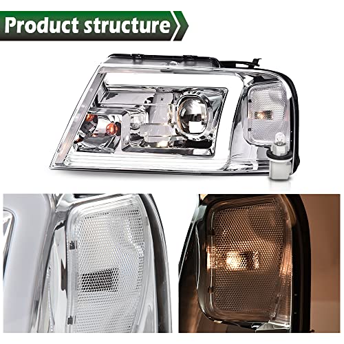 Image of GRAND ORANGE LED DRL Headlights Assembly Compatible with Ford F150 2004-2008 / Fit 2006-2008 Lincoln Mark Lt (NOT Fit 2004 F150 Heritage /Flareside Beds) Clear Lens Chrome Housing Clear Reflector