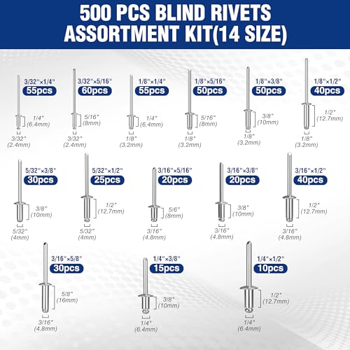 Workpro W004723 500Pcs Aluminum Blind Rivets, 14 Sizes Pop Rivets Assortment Kit thumb #1