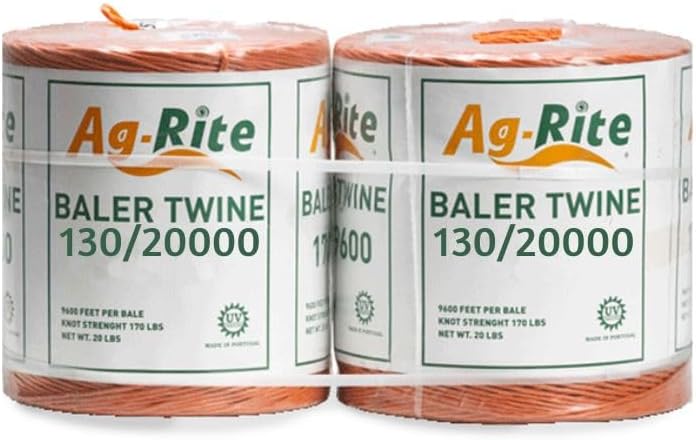 Baling Twine, Poly Propylene 130 Pound Knot Strength and 20,000 Foot Length, Single Spool, Crop Baling, Commercial Bundling, 2 spools (Orange)