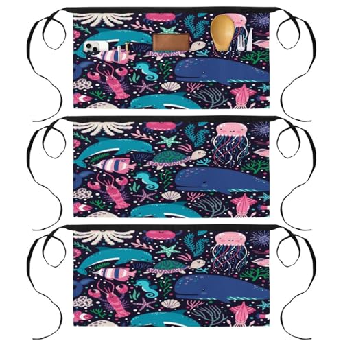 Tablier court de chef à 3 poches : lot multicolore motif poisson crabe