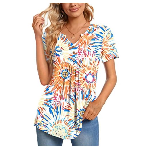CATHY Tunique d'été plissée à manches courtes et col en V pour femme, Feux d'artifice colorés., XXL
