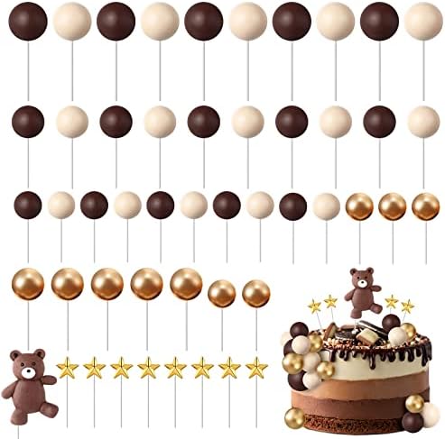 51 Pcs Bear Cake Topper Mini Balloon Cake Topper Colorful Foam Balls Pearl Ball Star Shaped Cake Toppers for Baby Shower Birthday Party Wedding Anniversary Cake Decorations (Coffee, Khaki, Gold)