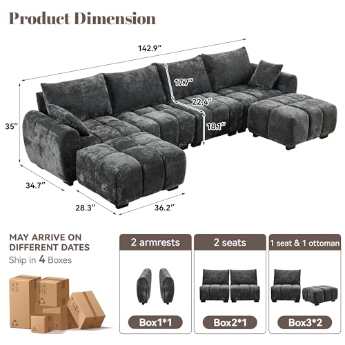 Image of 143 inch Oversized U Shaped Couch, Large Chenille Cloud Couch with Two Movable Ottomans, Memory Foam and Solid Wood Legs, Mid Century Modern Modular Sectional Couches for Living Room, Tufted Sofa, Grey