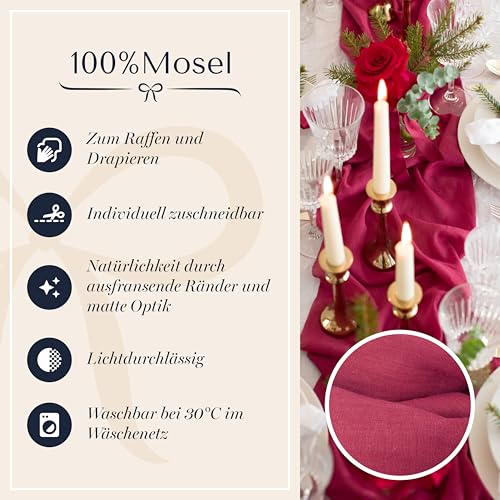 100%Mosel Musselin Tischläufer, in Bordeaux Rot (48 cm x 5 m), 66 g/m² – Ansicht 5