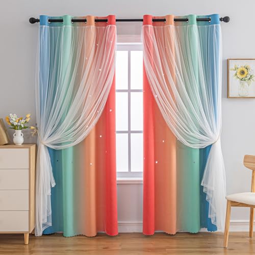 Image of indistar Colourful Stripe Star Cut-Out Blackout Curtains for Bedroom,2 Layers Mix Design of Fabric & Tulle,Pretty Window Curtain for Kids Room 1 Panel (W52 x L63 Rainbow)