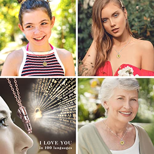 INFUSEU Sterling Silver I Love You Necklaces 100 Languages for Women Girls, Sun Sunflower Projection Jewelry You Are My Sunshine Gifts for Her, 18 Inch Chain4