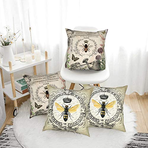 Set Of 4 18X18Inch Pillow Covers, Home Decorative、Outdoor Linen Couch Throw Pillow Case For Sofa Chair Bed Living Room Decor Modern Vintage French Queen Bee. #TOP2