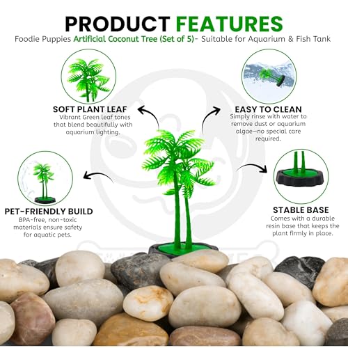 Image of Foodie Puppies Aquarium Plastic Plant Green Artificial (CoconutTree, Small, 6 x 3 x 10 cm) with Resin Base | Decorative Fish Tank Ornament for Freshwater & Saltwater Tanks (Set of 5)