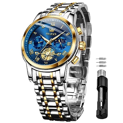 OLEVS Watches for Men Chronograph Business Wrist Watches Analog Quartz Moon Phase Stainless Steel Waterproof Luminous Dress Watches (Image - 1)