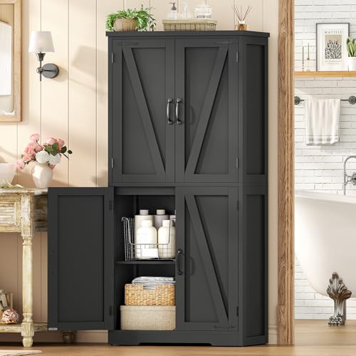 Image of TEENFON 58 inch H Storage Cabinet with Adjustable Shelf, Kitchen Cabinet with 4 Doors, Farmhouse Pantry Cabinets, Cupboard for Kitchen, Bathroom, Living Room, Black