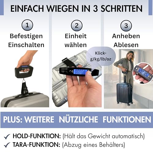 Villageboom Digitale Kofferwaage 50 kg, Gepäckwaage mit Haken & Gurt, beleuchtetes LCD, 10g präzise, Tara und Auto-Hold… – Ansicht 3