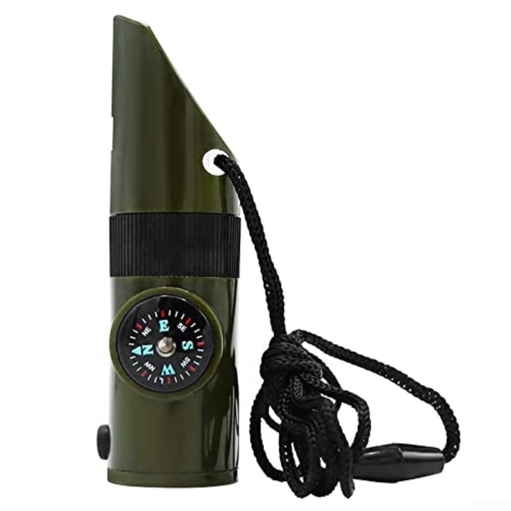 7in1 Outdoor Survival Whistle with LED Light, Thermometer, For Compass, and Multi Tool Functions for Camping, Hiking, and Use