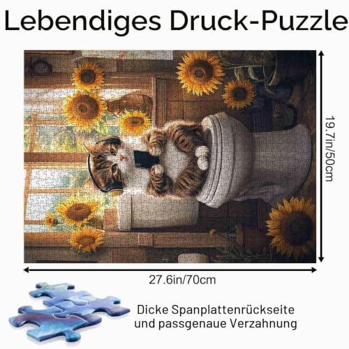 1000-teiliges Puzzle Süße Katze auf der Toilette mit Sonnenblumen“ im Landhausstil anspruchsvolle Kunst für Erwachsene, Jugendliche… – Ansicht 2