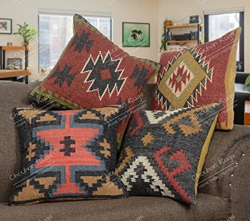 Set Of 2 Handwoven Wool Jute Cushion Covers – 18x18 Boho Kilim Pillow Cases, Zip Closure, Multicolor
