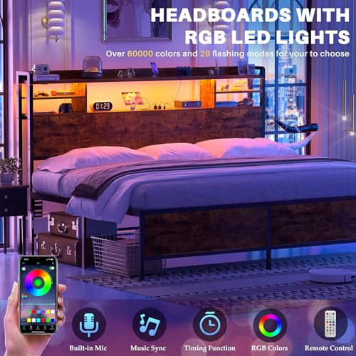Image of Aheaplus Headboard for King Size Bed with Storage and Outlets, Rustic Brown | Headboards with LED Light, Power Outlets, USB Ports King Size Head Board, Wood headboard Only Sturdy and Stable Headboards