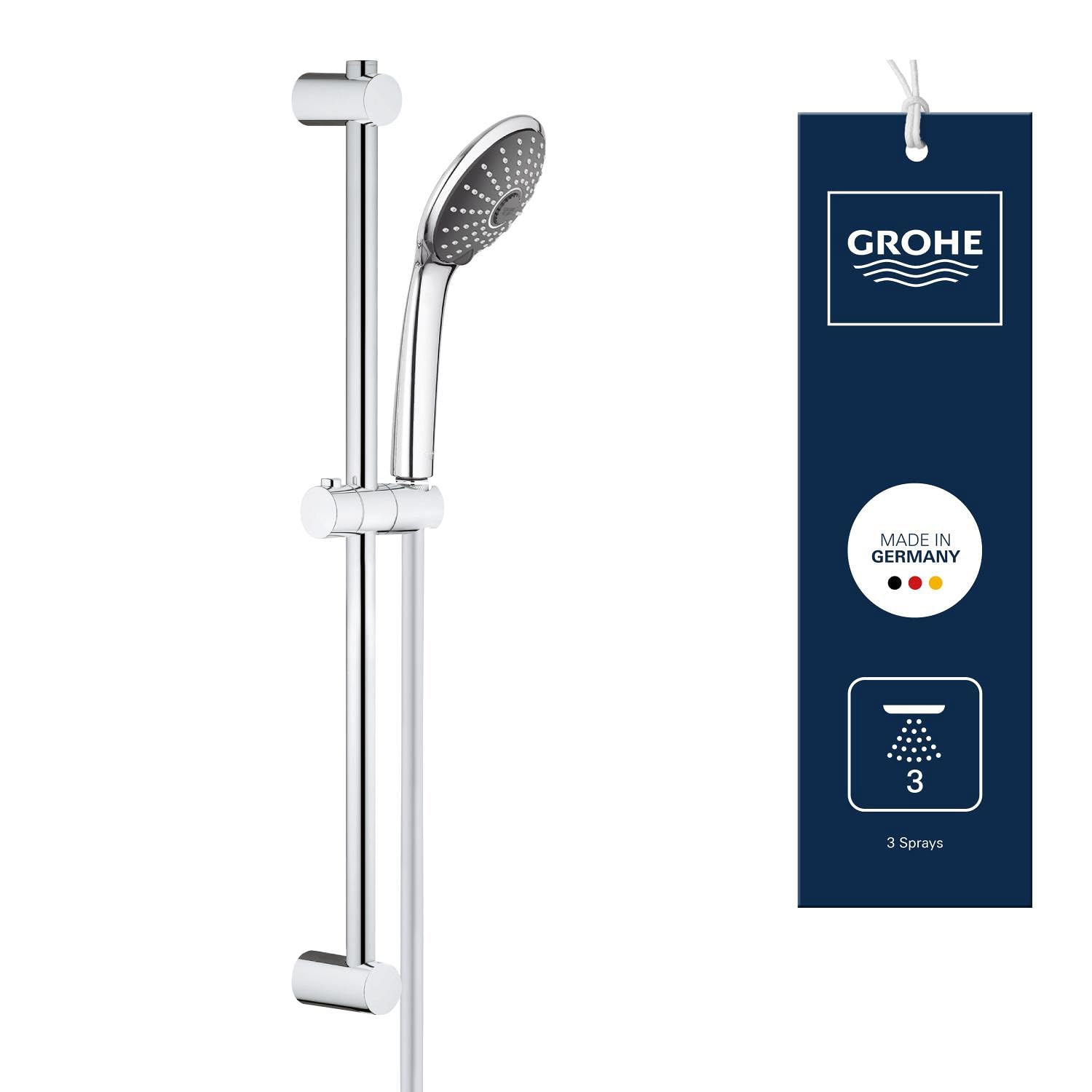 GROHE Vitalio Joy 110- Conjunto de ducha (teleducha 11 cm con 3 chorros, barra ducha 62 cm, soportes de pared metal, flexo 1,75 m, menor consumo agua, instalación QuickGlue), cromo, 27333000