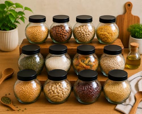 Image of Designer Transparent Glass Storage Jar with Black Plastic Airtight Lid, 900 ML Food Grade Kitchen & Pantry Storage Container, Size 8 X 14 X 14 cm, Ideal for Pulses, Dry Fruits, Pack Of 12