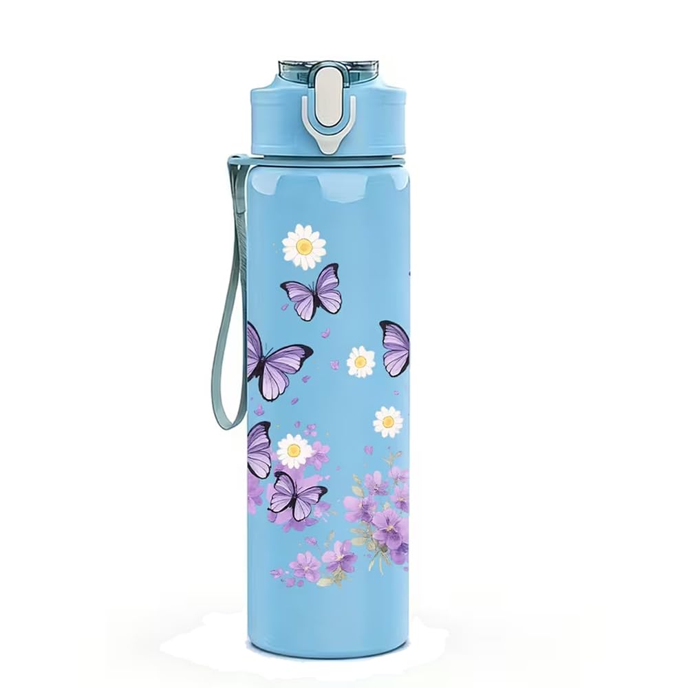 Sports Water Bottle 750ml/26oz – Colorful Plastic, Cute Butterfly Printed Design, Leak‑Proof Pop‑Up Lid, Reusable for Running, Hiking, Camping, Outdoor Activities(Sky Blue)
