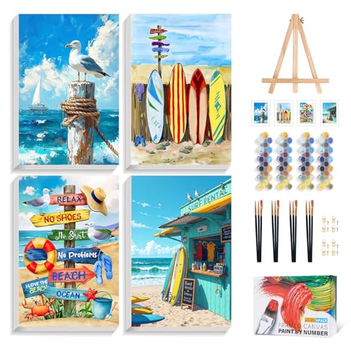 4 Pack Framed Paint by Numbers Kit for Adults with Wooden Easel Beach Paint by Numbers for Beginners Coastal Seaside Acrylic Painting Kit with Frame for Stress Relief & Ocean Wall Decor 8x12 Inch