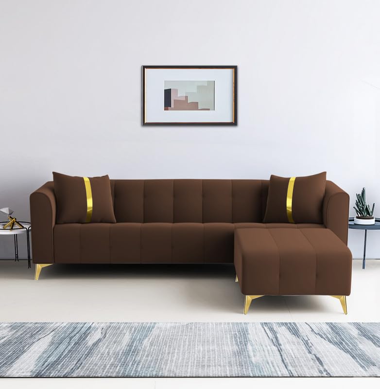 Image of Adorn India Premium Mystic - 3 Years Warranty - L Shape 5 Seater Sofa Set Velvet Suede Fabric - Brown