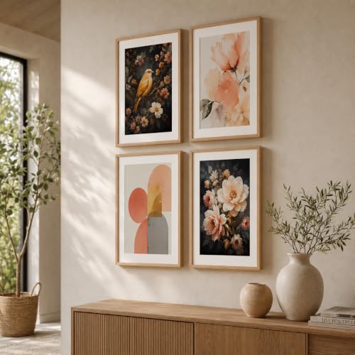 Image of Livin'luxe Set of 4 Floral Bird & Abstract Wall Paintings with Sparkle Laminate and Premium Wooden Synthetic Frame for Living Room Bedroom Office Decor (13.5 x 19.5 Inch)