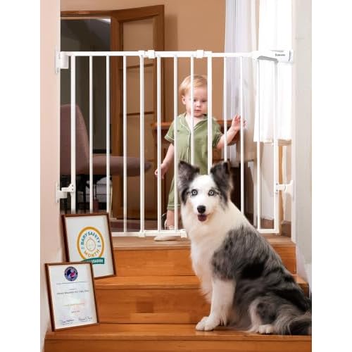 Babelio 66-109 CM Auto Close Baby/Dog Gate for Stairs, 2-in-1 Easy Swing Doorway and Hallway Pet Gate, with Extra-Wide Walk Thru Door and Threshold-Free Design, White