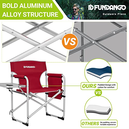 Fundango Portable Lightweight Folding Camping Director Chair With Side Table Oversized Camp Chair Aluminum Fold Up Chair Heavy Duty Holds Up To 300Lbs, Red, 19" D X 25.2" W X 34.5" H #TOP5