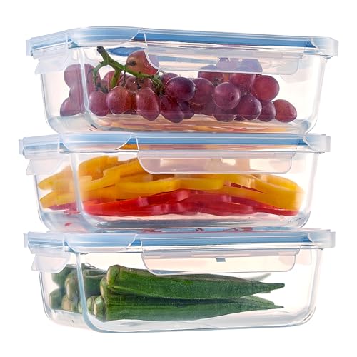 Image of Baoxiang Glass Food Storage Containers with Airtight Lids, 3 Pack 1040ml/36oz Borosilicate Glass, Microwave Oven Freezer Dishwasher Safe, Blue Lids