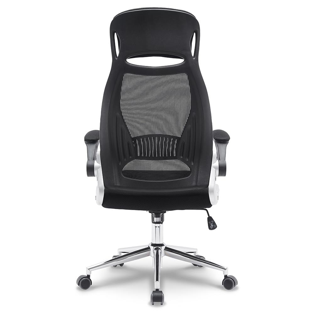 Ergonomiczny fotel biurowy z tkaniny siatkowej, wysokie oparcie z wbudowanym zagłówkiem, podnoszone podłokietniki, podparcie odcinka lędźwiowego, regulacja wysokości, chromowana metalowa stopa