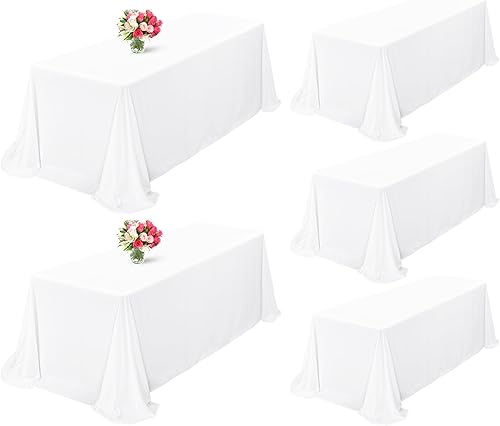 Showgeous Paquete de 5 manteles redondos blancos de 90 pulgadas, manteles blancos para mesas redondas, manteles redondos de poliéster lavables para