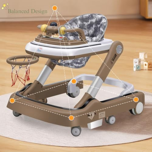 Image of Little Olive Baby Walker for Kids | Foldable & Adjustable Height Walker with Basketball Hoop, Interactive Activity Toy Bar, Comfortable Padded Seat & Smooth Wheels | Baby Walker for Boys & Girls (Brown)