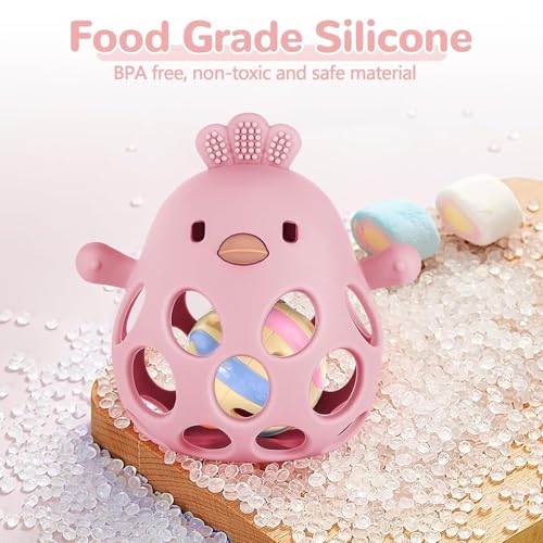 Image of Baby Teething Chick Toy, Upgraded Easy Grasp Silicone Teething Rattle Ball Toy for Babies Over 3 Months, 100% Food Grade, Gift for Infant Boys and Girls 0-6-12 Months (Dark Pink)