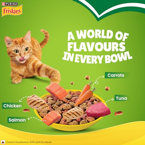 Image of PURINA, FRISKIES Indoor Delights Adult Dry Cat Food, 1 kg, Contains Salmon, Tuna, Chicken and Vegetables Flavours