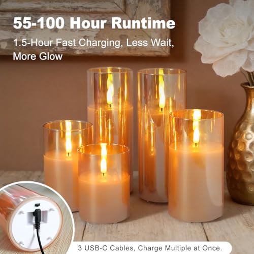 Image of LEDHOLYT Rechargeable Flameless Candles, Realistic Flickering LED Flameless Candles Real Wax Candle with Remote Control and Timer, Gold Glass Electronic Candle, 1 Set of 5(Gold)