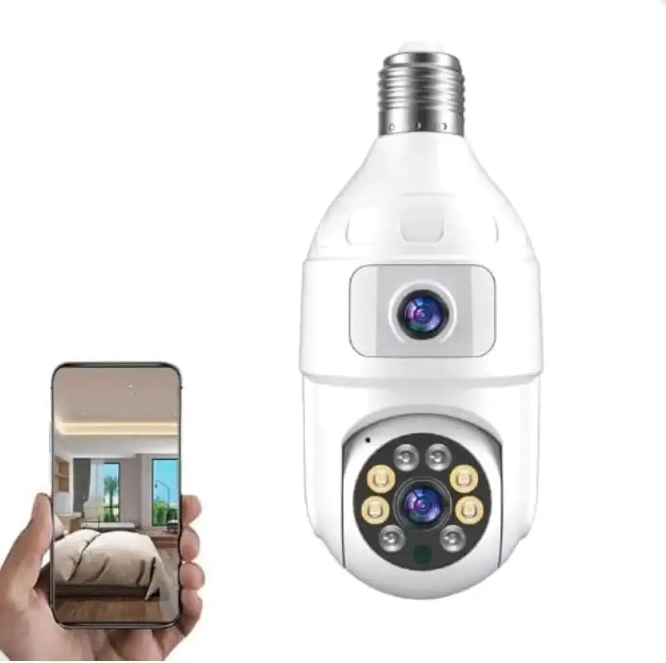 Câmera de Segurança WiFi Dupla Lente 360° Visão Noturna Áudio Bidirecional Monitoramento pelo Celular Detecção de Movimento Rotação Tipo Lâmpada Alta Definição PREMIUM
