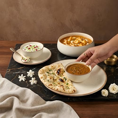 Image of Miah Decor Ceramic Dinner Set- 14-Piece Handmade Stoneware | 4 Bowls, 4 Quarter Plates, 4 Dinner Plates & 2 Serving Bowls | Off White Ribbed Matte Finish | Microwave & Dishwasher Safe | Ideal Gift