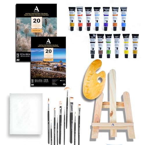 Image of 65 Pcs Professional Painting Kit - Art Kit for Painting (Paint Brushes Set of 10-1 Feet Easel Stand - Painting Palette - Set of 12 Artist Paints - 8x10 Canvas - 40 A3 & A4 Watercolor Papers)
