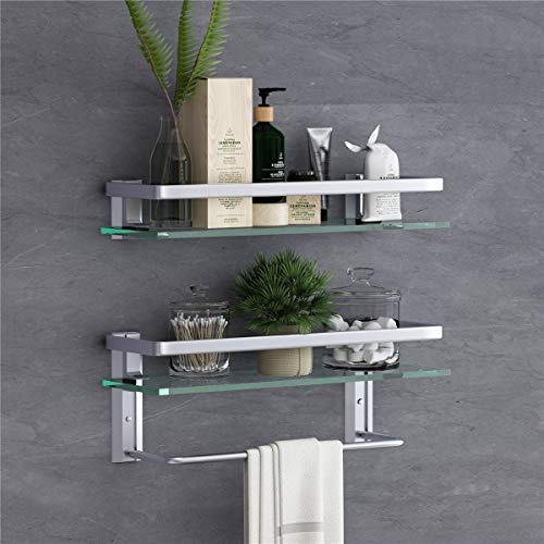Volpone Glass Bathroom Shelf 15.7In Bathroom Shelf Wall Mounted Floating Glass Shelves With Towel Holder Glass Shower Shelf 2 Tier (Sliver) #TOP4