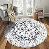 Pauwer Round Rug 4Ft, Boho Circle Rug, Washable Shag Area Rug, Mandala Floor Mat Carpet, Farmhouse Distressed Non Slip Area Rug, Round Rugs for Living Room, Kitchen, Bedroom, Bathroom, Navy Blue