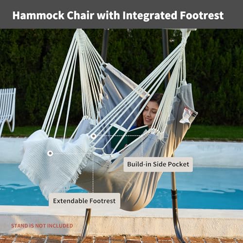 Image of CHULIM Hanging Hammock Chair Swing MAX 500 lbs Outdoor Hanging Chair with Footrest Indoor Swing Chair with Portable Steel Spreader Bar and Hardware Kit for Bedroom Living Room Patio Porch - Grey