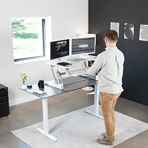 Image of VIVO White 42 inch Standing Desk Converter, DESK-V000VLW | Height Adjustable, Stand Up Desk Riser, Wide Keyboard Tray, Dual Monitor and Laptop Workstation, V Series