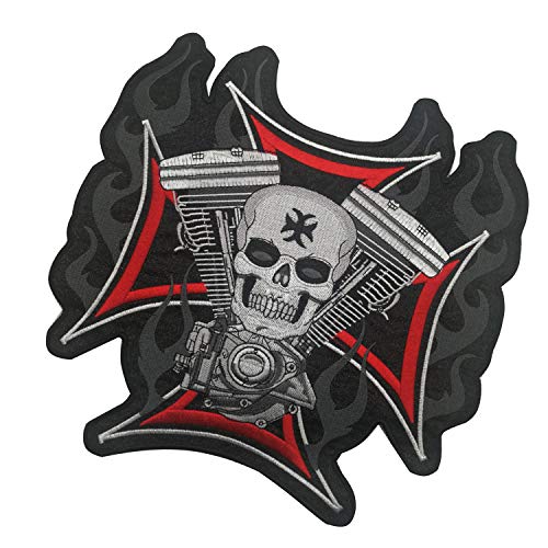 Large Motorcycle Bike Patches Set Custom Personalized Embroidered Patch Applique - Biker Skull Head Engine V Twin Cross For Clothing Mc Vest Jackets Backpacks 9.8 X 10.4 Inch #TOP3