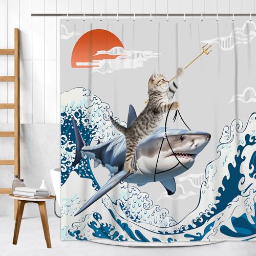 Image of Funny Cute Cat Shower Curtains,Japan Cat Shark with Ocean Sea Wave Shower Curtain for Bathroom,Japanese Cool Fabric Shower Curtain Set with Hooks Bath Decoration 72X72inches