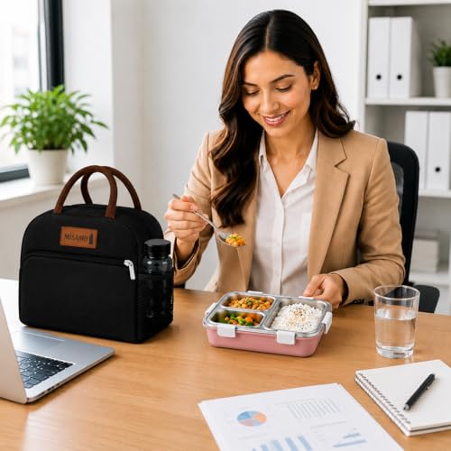 Image of Misamo Enterprise Lunch Box with Insulated Lunch Bag Combo, 3 Compartment Stainless Steel Lunch Box with Spoon & Fork, Leak Proof Food Container for School, Office & Travel (Black Bag+Pink Lunch Box)