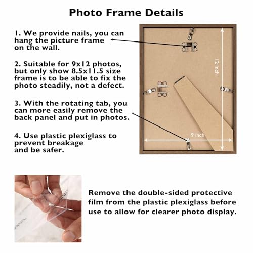 Image of JCJMY 9x12 Picture Frame Brown for Wall Hanging, Wall Mounting Horizontally or Vertically, 9 x 12 Wall Gallery Poster Photo Frame with Shatter Resistant Plexiglass, Brown
