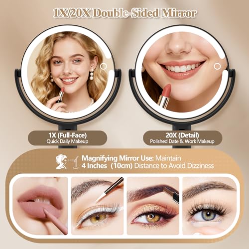 Image of MOMOKUBA Makeup Mirror with Lights, Double Sided 1x /20x Magnifying Mirror with Light, Rechargeable 3 Color Lights and Adjustable Brightness, 360 Rotation Detachable Comes with Tweezer(Black)