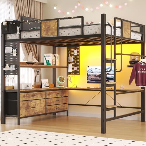 BYSAUD Full Size Loft Bed with Desk, 5 Storage Drawers & LED Lights, Brown
