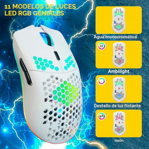 Miniatura 5 de Xzxwzx Ratón Inalámbrico Para Juegos Con Estructura De Panal De Abeja, 11 Retroiluminados, 3400 Dpi, 6 Botones Programados, Receptor Usb, Ahorro De Energía, Ratón Inalámbrico Para Pc, Mac, Portátil